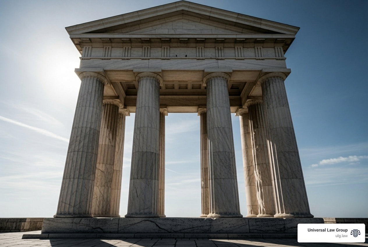 A diagram showing four pillars labeled 'Duty,' 'Breach,' 'Causation,' and 'Damages' supporting a roof labeled 'Successful Wrongful Death Claim' - how to prove wrongful death