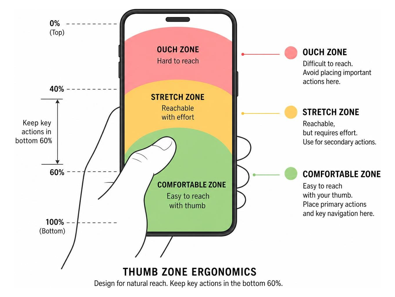 Thumb zone ergonomics diagram highlighting comfortable, stretch, and ouch zones on a mobile screen Thumb zone ergonomics diagram highlighting comfortable, stretch, and ouch zones on a mobile screen