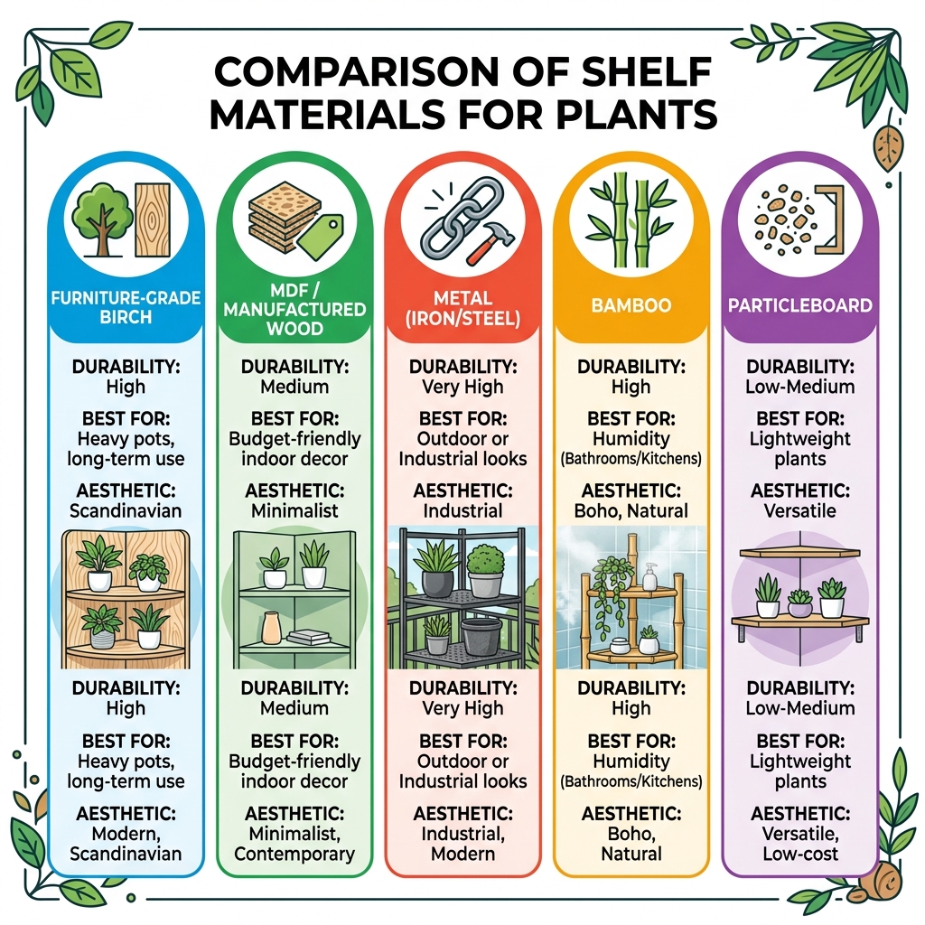 Comparison of shelf materials for plants - corner wall plant shelves infographic 