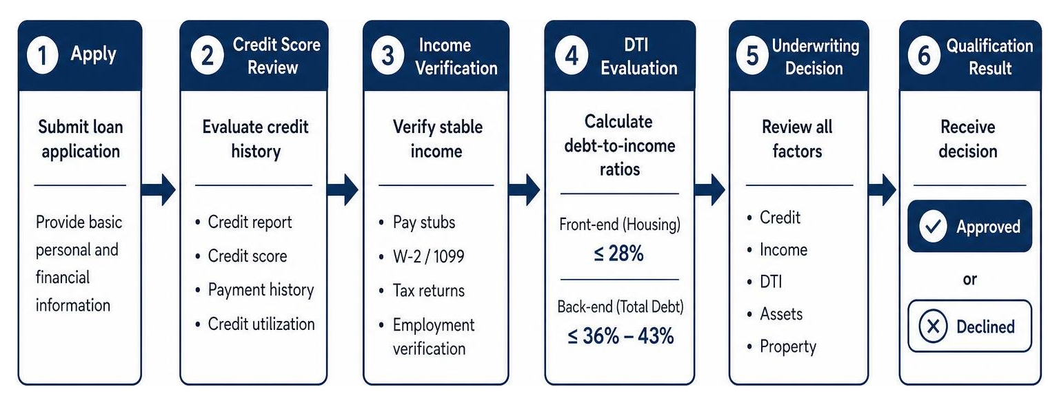 Mortgage qualification flow showing credit score income and DTI evaluation steps Mortgage qualification flow showing credit score income and DTI evaluation steps