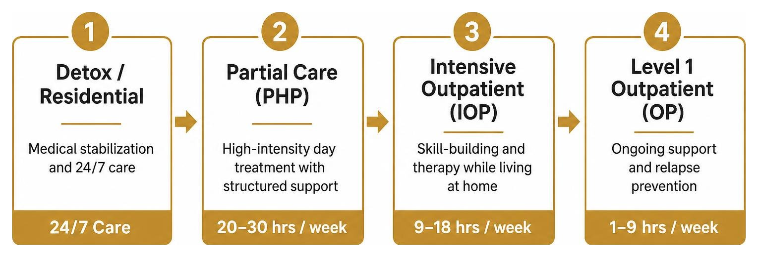 A step-by-step transition diagram showing progress from Detox/Residential to Partial Care, Intensive Outpatient, and finally A step-by-step transition diagram showing progress from Detox/Residential to Partial Care, Intensive Outpatient, and finally