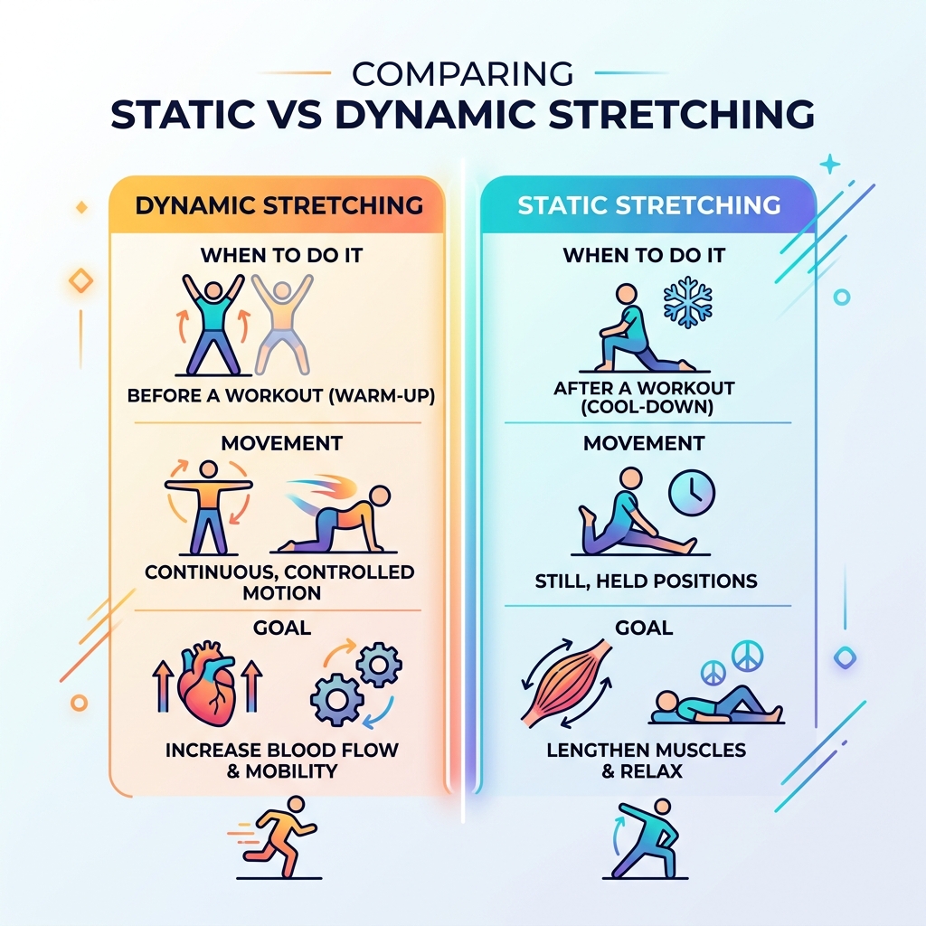 Table comparing static vs dynamic stretching - names of upper body stretches infographic Table comparing static vs dynamic stretching - names of upper body stretches infographic
