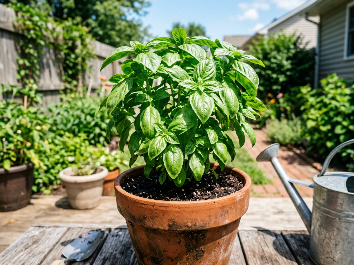 basil plant growing in bright direct sunlight - companion plants with basil basil plant growing in bright direct sunlight - companion plants with basil