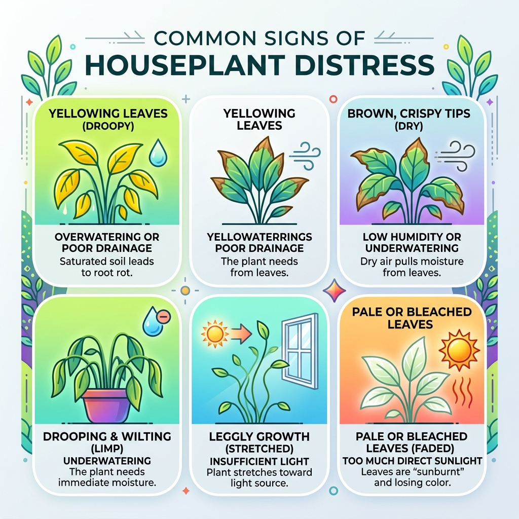 infographic showing common signs of houseplant distress - colorful low light houseplants infographic infographic showing common signs of houseplant distress - colorful low light houseplants infographic
