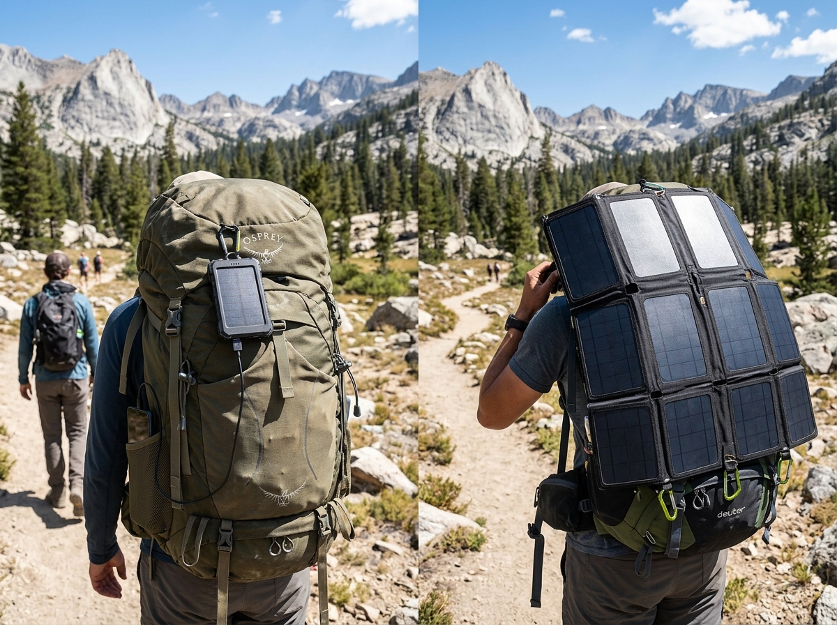 Comparing integrated solar power bank to large foldable solar array - external battery solar charger