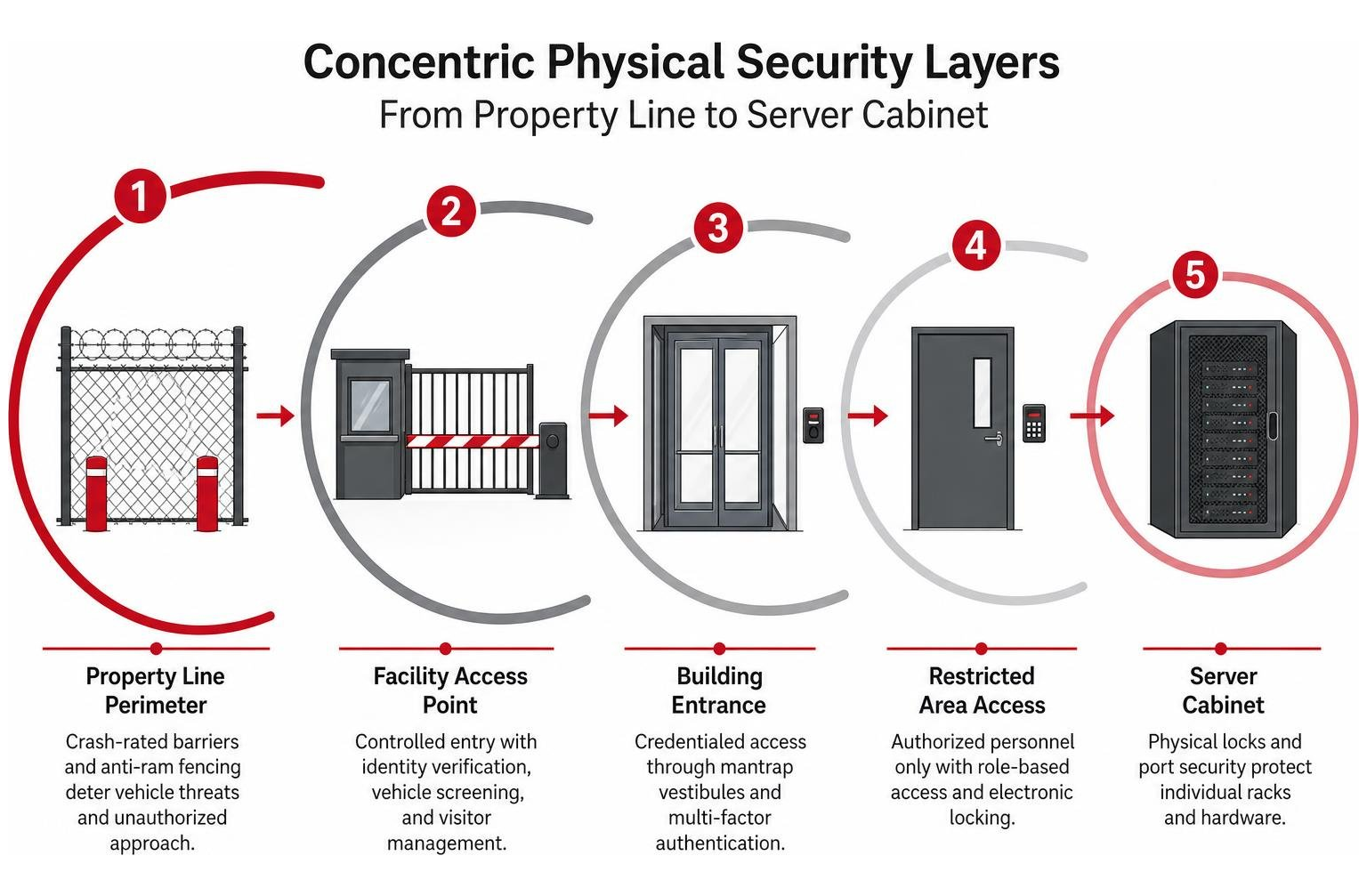 Concentric physical security layers from property line to server cabinet