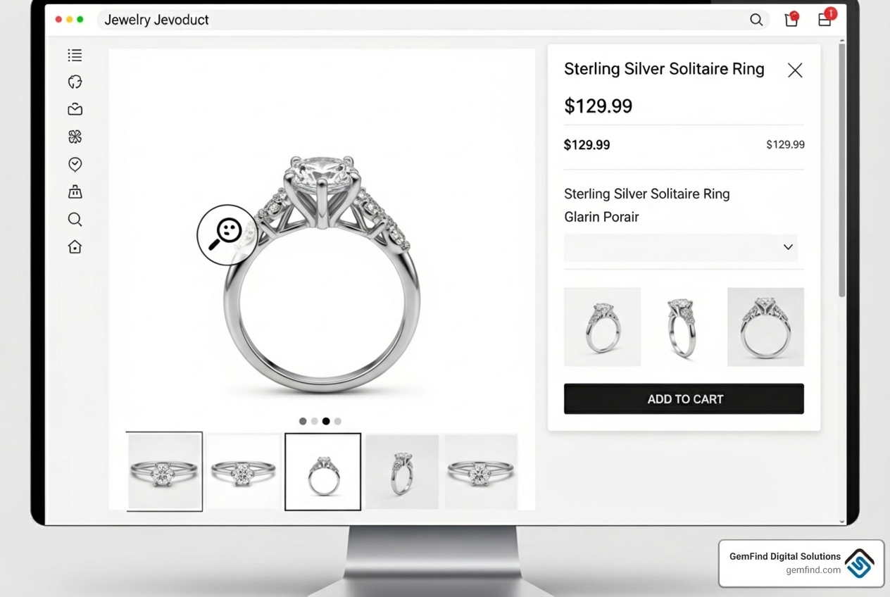 A product page showing a ring with zoom functionality and multiple angles - shopify jewelry store examples