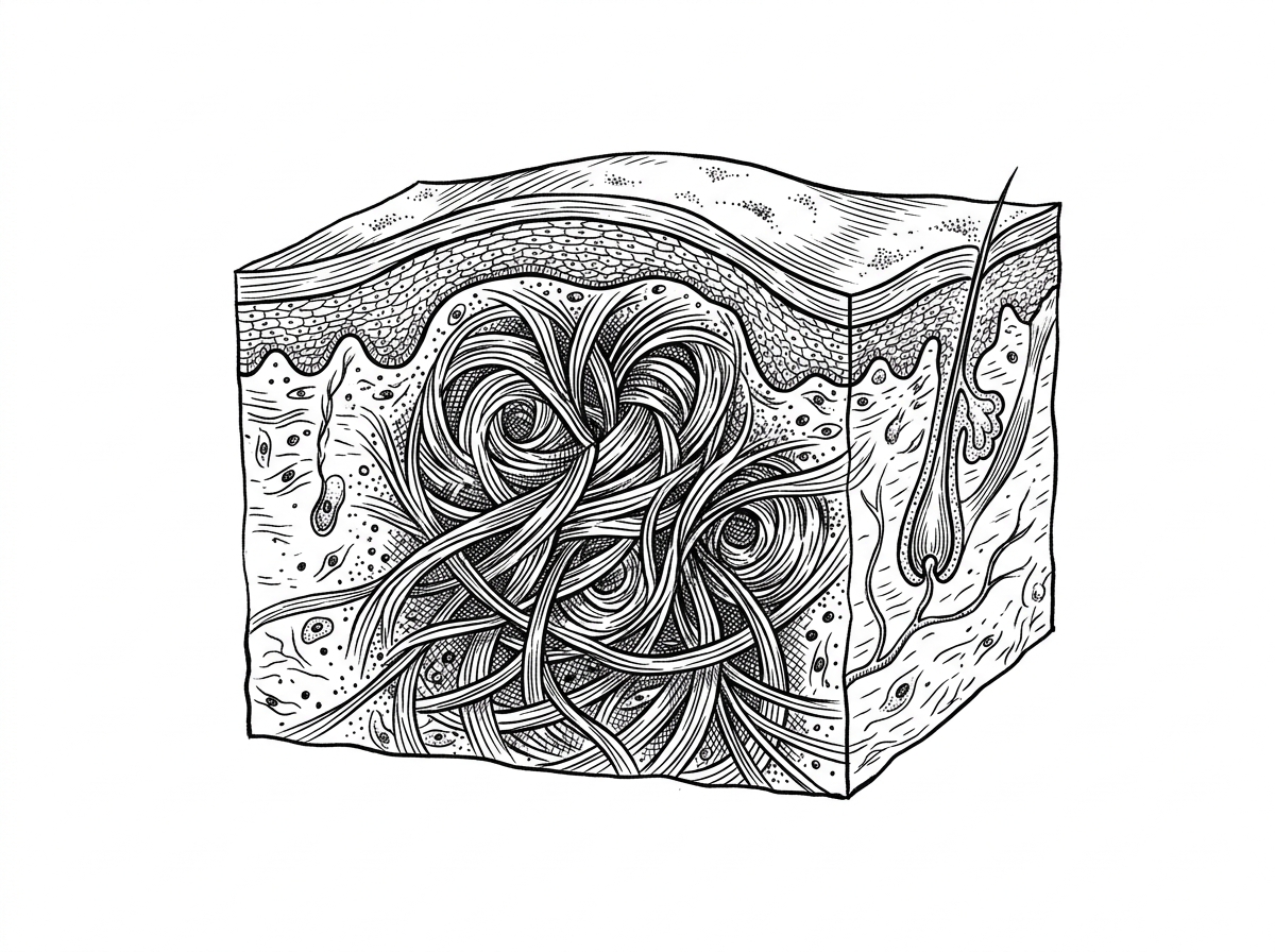 Keloid histology showing haphazard, thick collagen bundles - keloid scar formation stages
