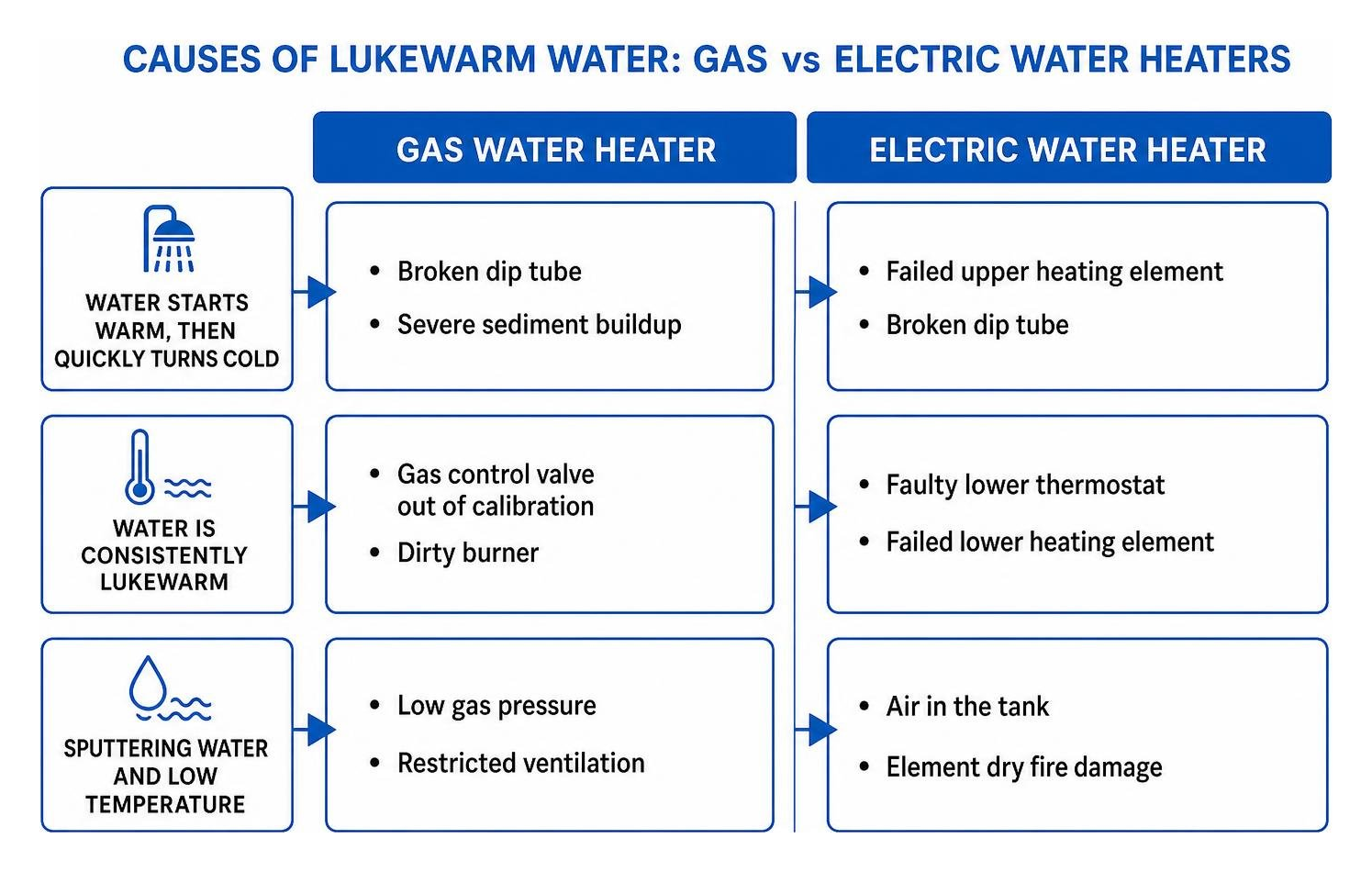 diagram comparing the causes of lukewarm water in gas vs electric water heaters diagram comparing the causes of lukewarm water in gas vs electric water heaters