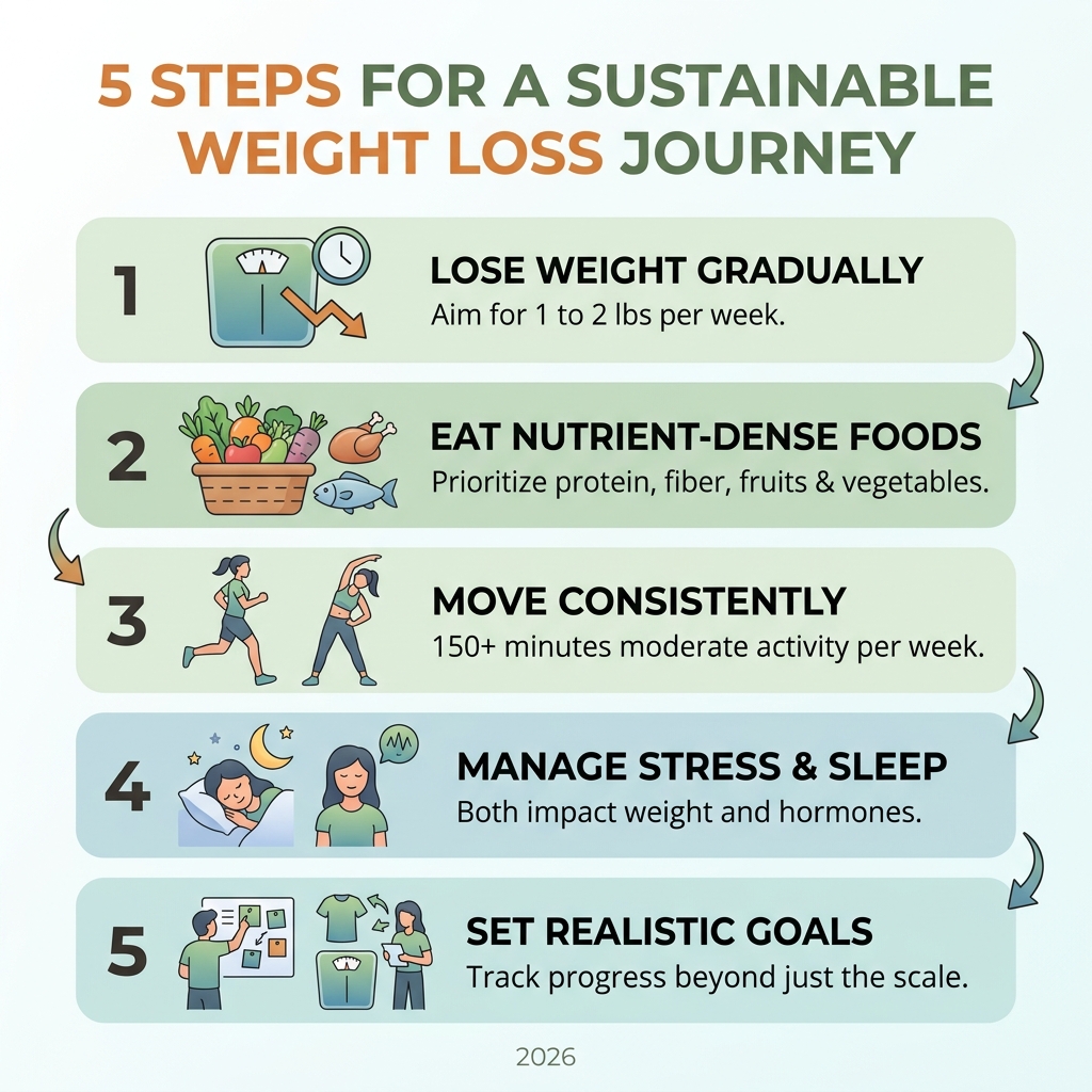 5 steps of a sustainable weight loss journey infographic - sustainable weight loss plan infographic 