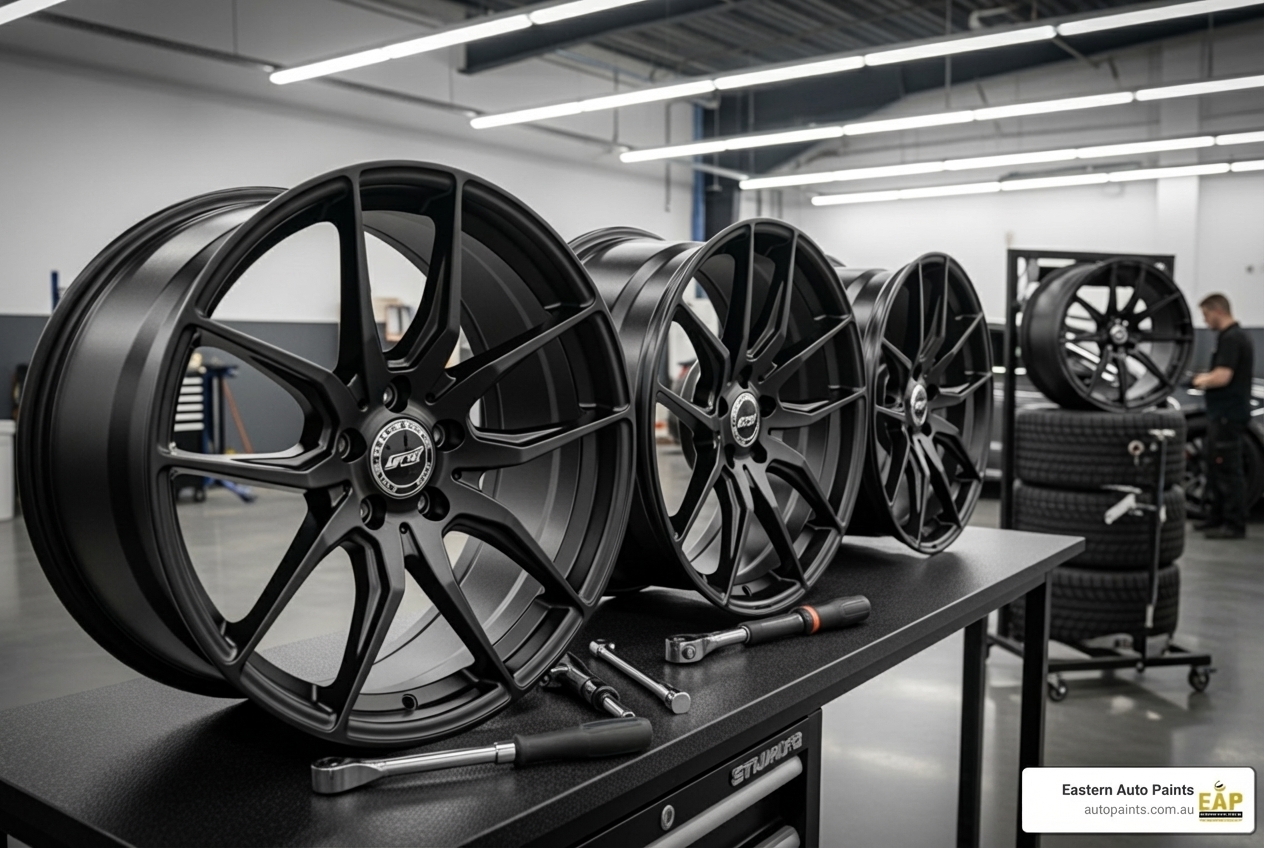 A set of premium matte black rims following a professional wheel powder coating Melbourne service for a durable finish.