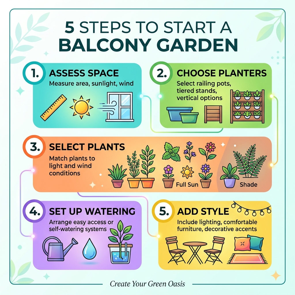 5 steps to start a balcony garden: assess space, choose planters, select plants, set up watering, add style - balcony garden