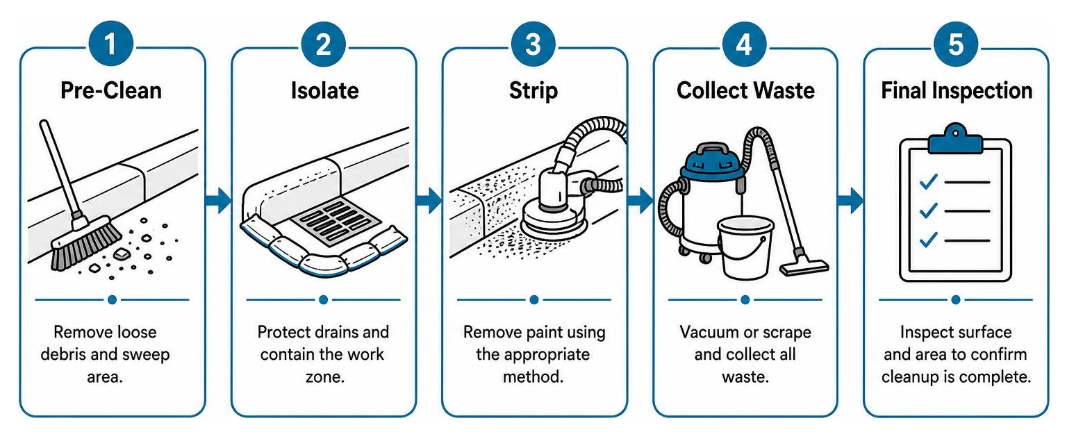 Step-by-step curb paint removal process: pre-clean, isolate, strip, collect waste, final inspection