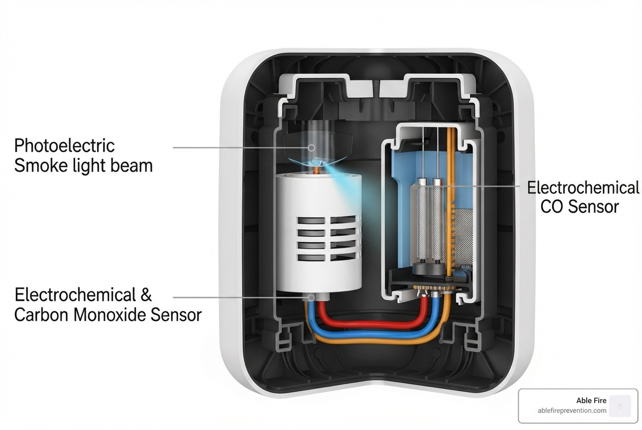 A cutaway diagram of a smoke and carbon monoxide alarm, showing the separate photoelectric smoke sensor and electrochemical CO sensor components - fire alarm with carbon monoxide