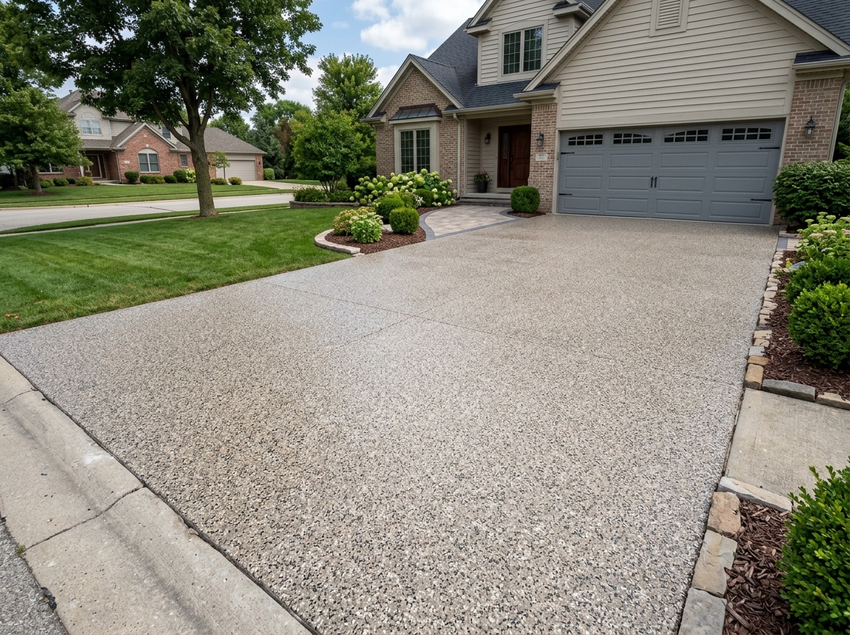 Driveway with a full-chip flake floor coating in a neutral tan and gray blend - driveway paint and sealer Driveway with a full-chip flake floor coating in a neutral tan and gray blend - driveway paint and sealer