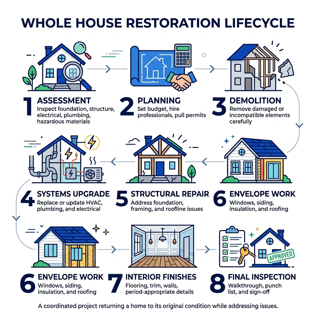 8 stages of the whole house restoration lifecycle from assessment to final inspection - whole house restoration infographic 