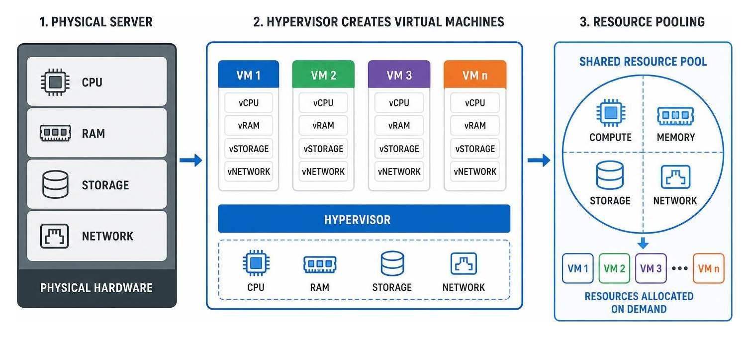 diagram explaining how hypervisors split physical hardware into virtual machines and pool resources diagram explaining how hypervisors split physical hardware into virtual machines and pool resources