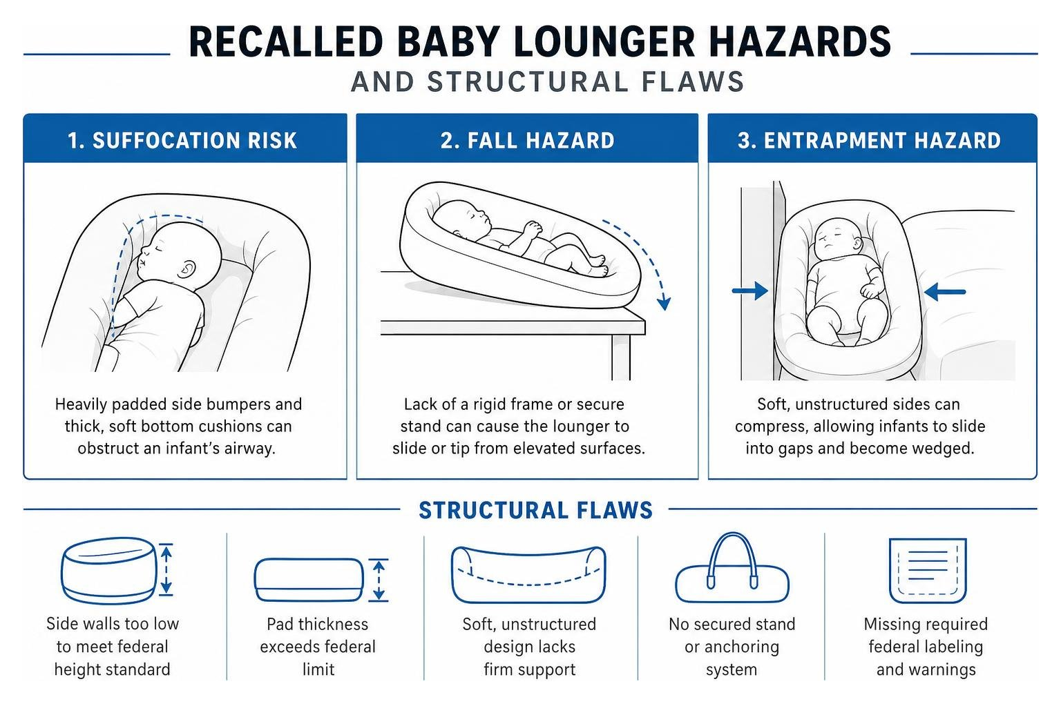 Recalled baby lounger hazards and structural flaws diagram