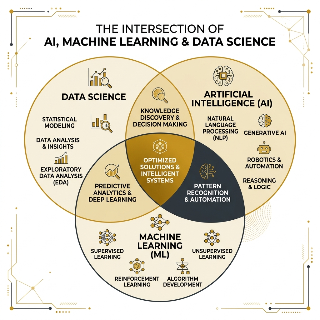 Infographic showing the intersection of AI, Machine Learning, and Data Science as overlapping circles - ai and data science Infographic showing the intersection of AI, Machine Learning, and Data Science as overlapping circles - ai and data science