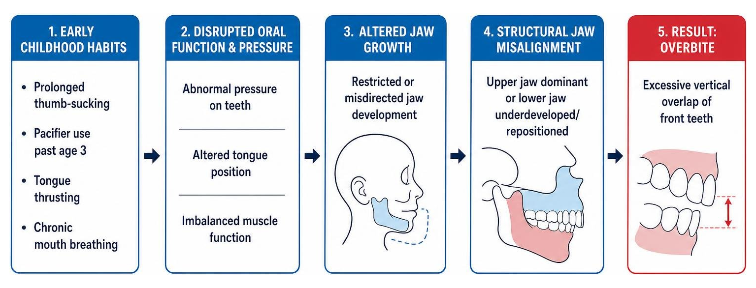 Cause and effect chain showing how childhood habits lead to structural jaw misalignment Cause and effect chain showing how childhood habits lead to structural jaw misalignment