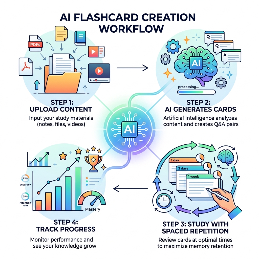 AI flashcard creation workflow: upload content, AI generates cards, study with spaced repetition, track progress - ai AI flashcard creation workflow: upload content, AI generates cards, study with spaced repetition, track progress - ai