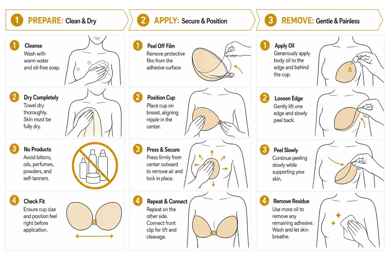 Proper skin preparation, application steps, and painless removal technique for adhesive bras