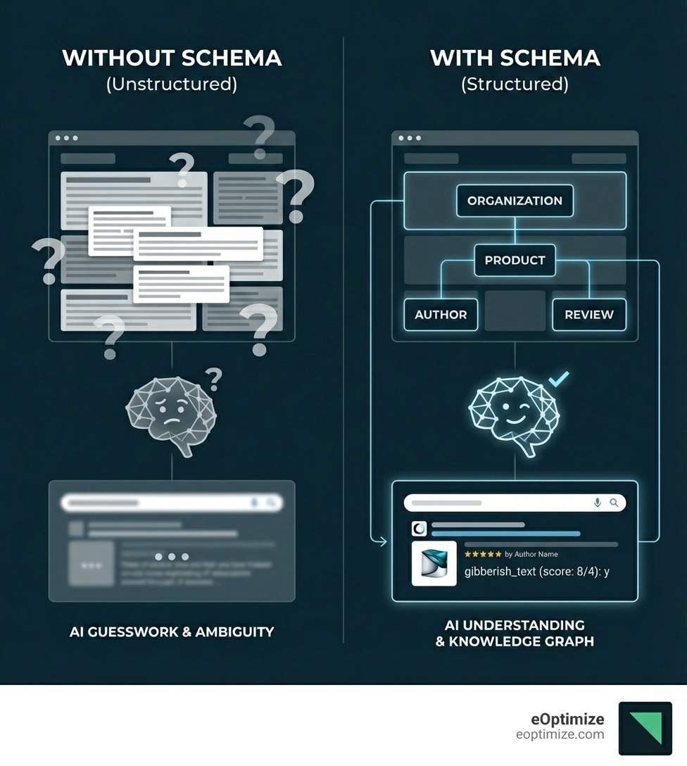 Infographic comparing how AI interprets a webpage without schema (seeing only unstructured text with question marks) versus with schema (showing clearly labeled entities like Organization, Product, Author, and Review connected in a structured knowledge graph) - schema markup AI infographic 
