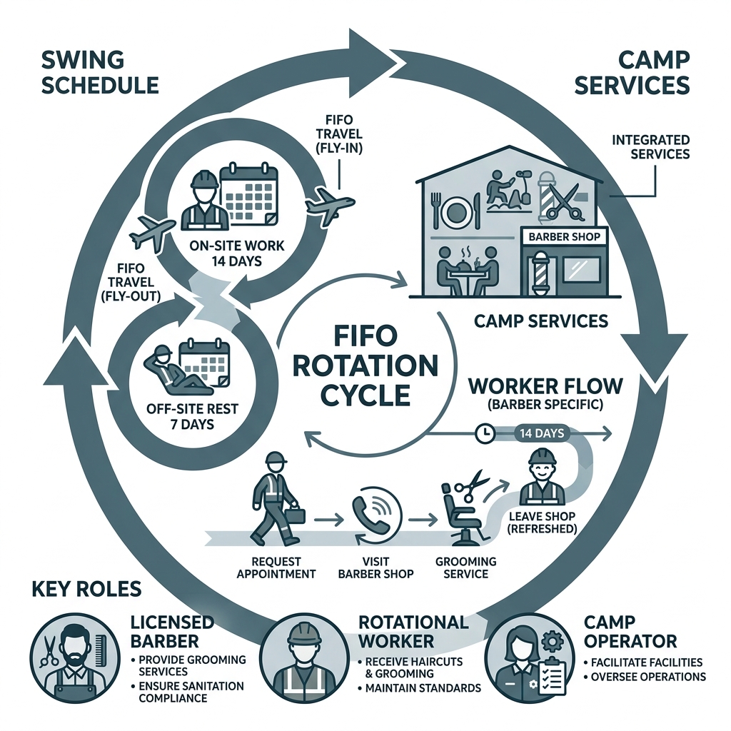FIFO rotation cycle infographic showing swing schedule, camp services, worker flow, and key roles - rotational barber fifo