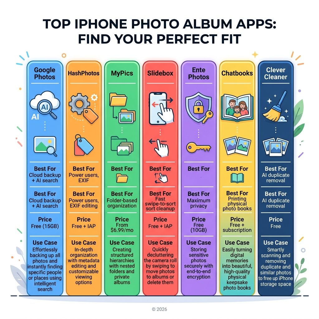 comparison infographic of top iPhone photo album apps by features, price, and use case - best app for photo albums iphone
