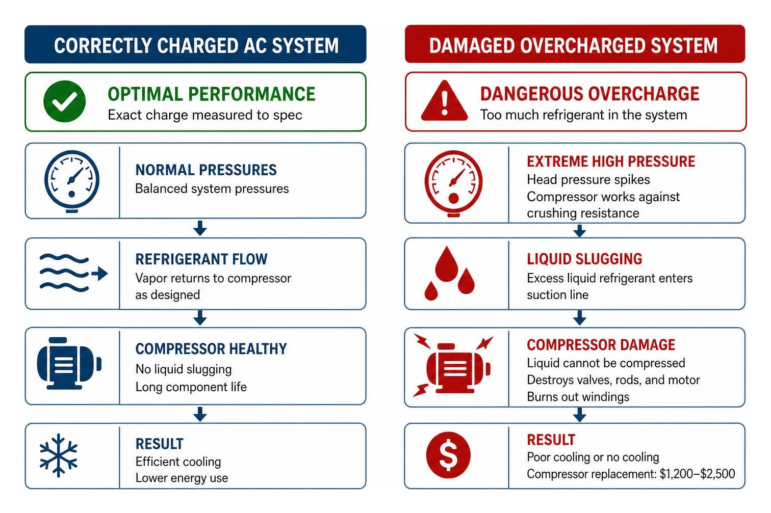 Comparison of correctly charged AC system vs damaged overcharged system