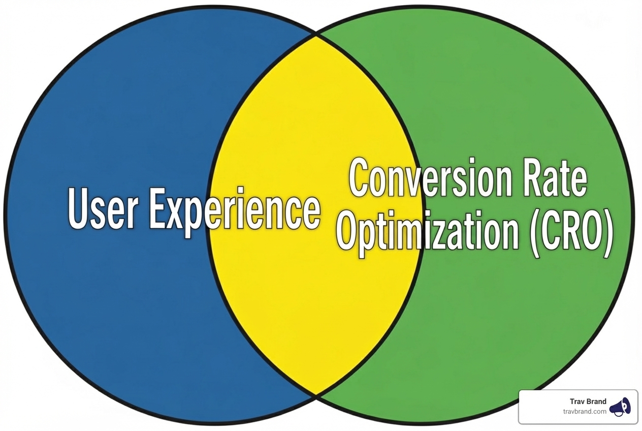 Venn diagram showing the overlap between CRO and UX - conversion optimization best practices Venn diagram showing the overlap between CRO and UX - conversion optimization best practices