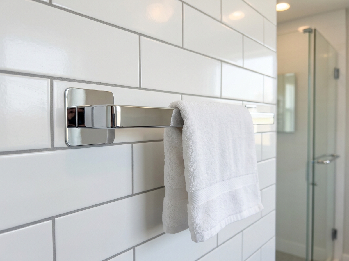 Sleek adhesive towel bar mounted on subway tile - no drill towel bars