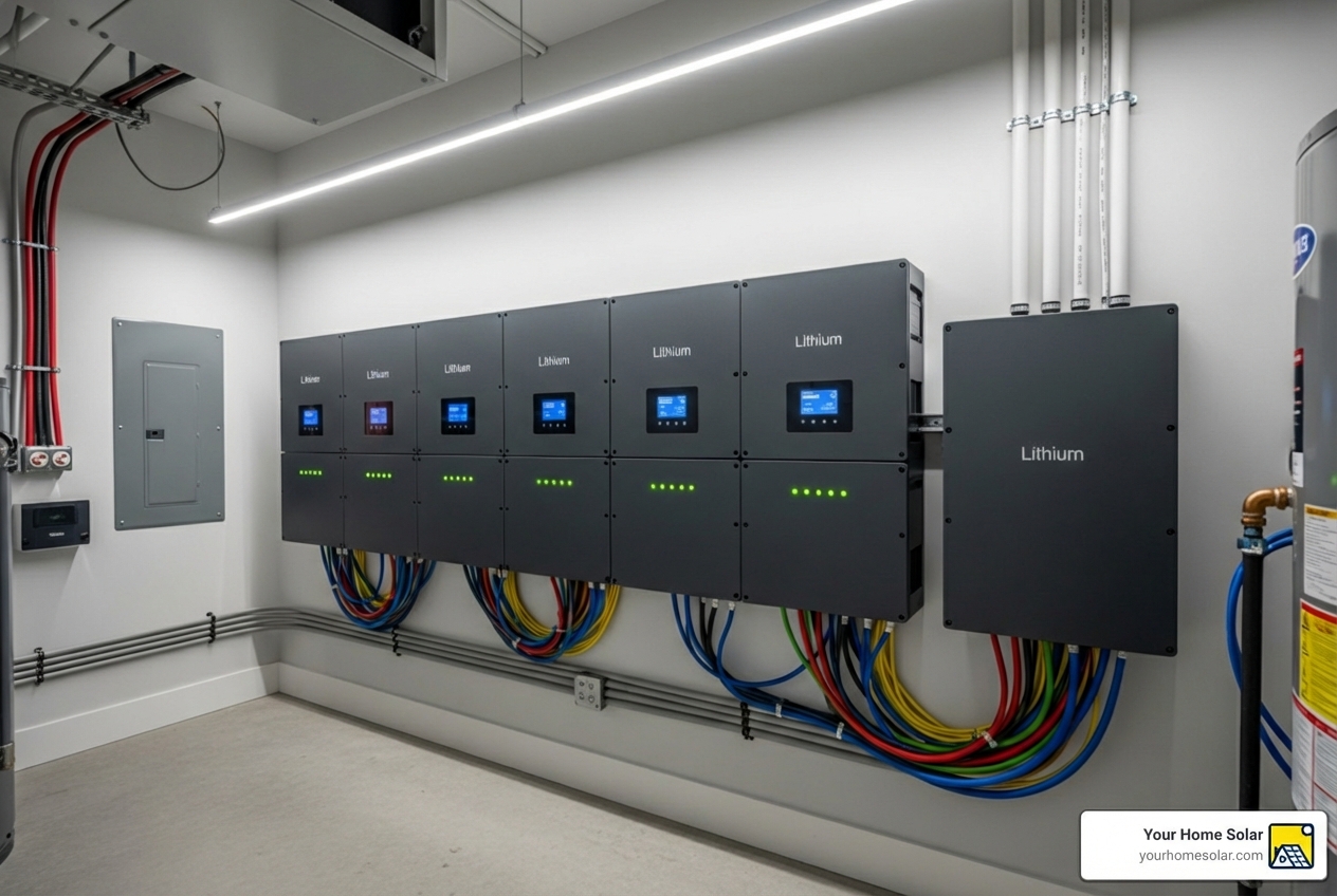 A modern lithium solar battery bank installed in a clean utility space. - off grid solar kits A modern lithium solar battery bank installed in a clean utility space. - off grid solar kits
