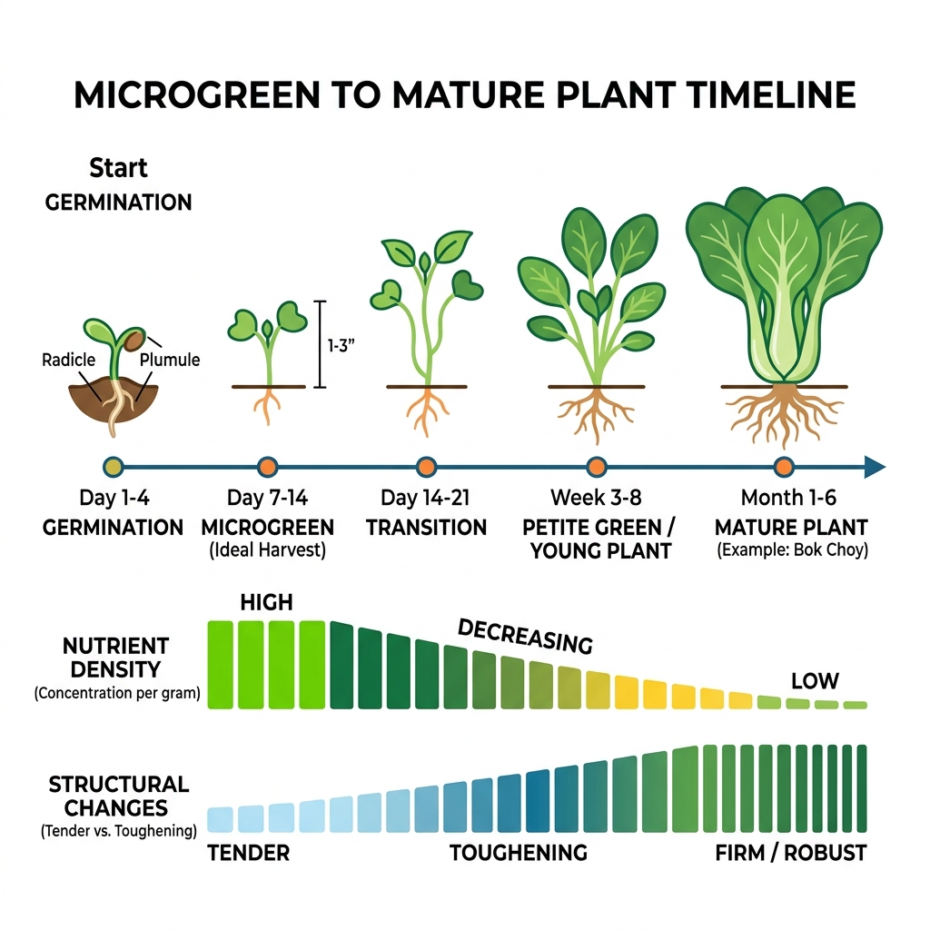 Microgreen to mature plant timeline showing growth stages, nutrient density, and structural changes - what happens if you