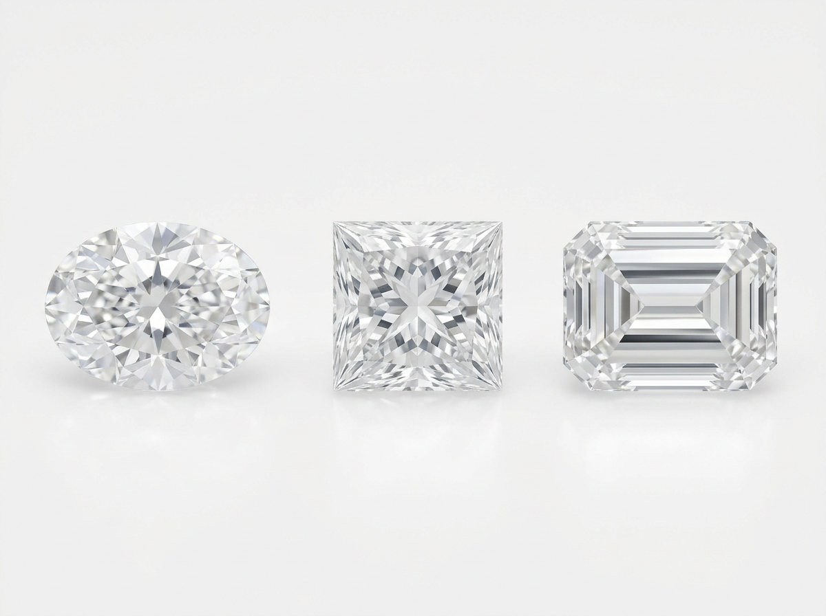 Visual comparison of 1 carat oval, princess, and emerald diamond shapes