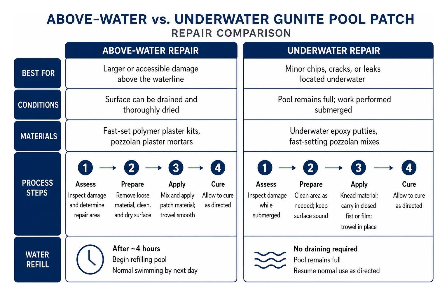 Above-water vs underwater gunite pool repair comparison