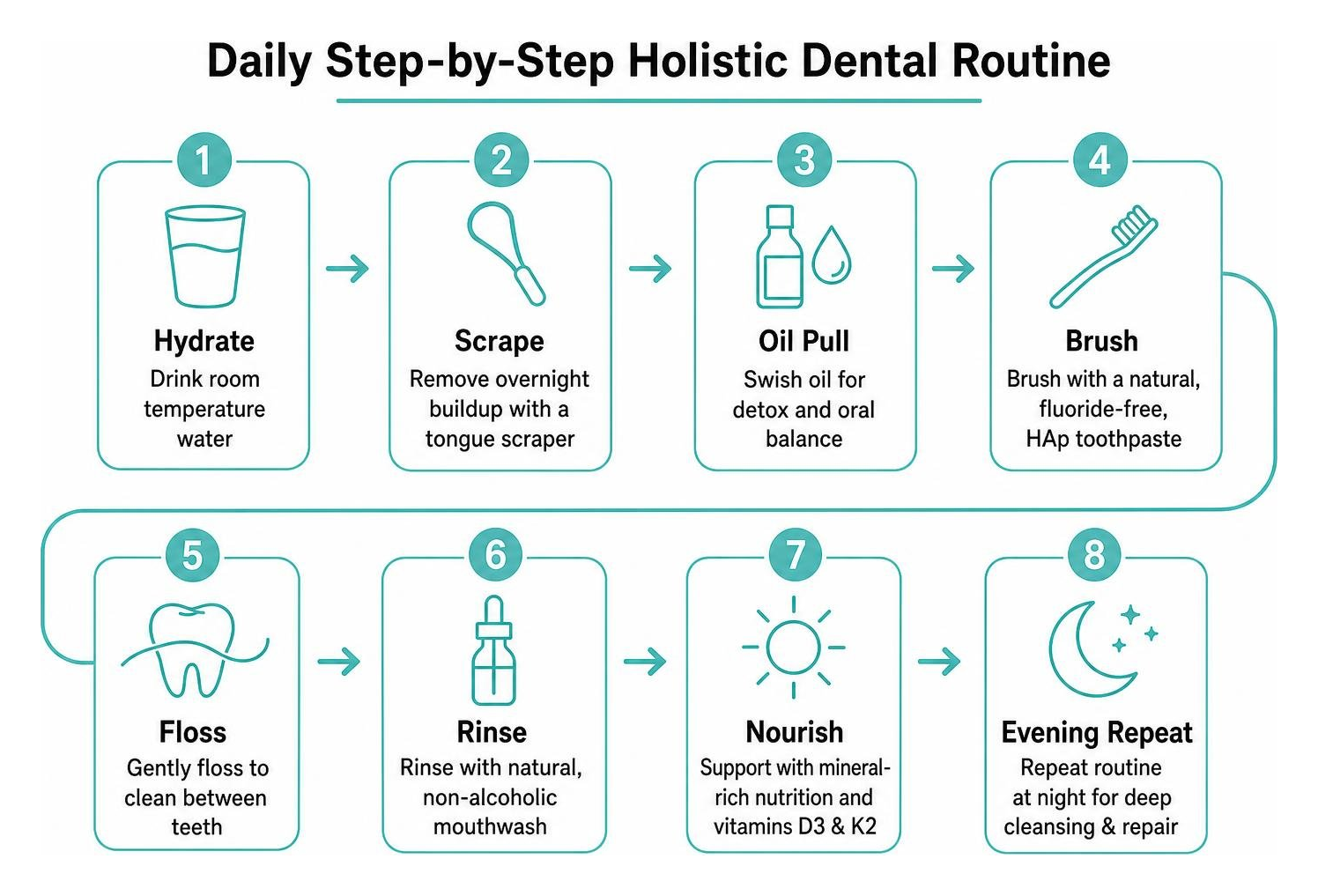 Daily step-by-step holistic dental routine sequence Daily step-by-step holistic dental routine sequence