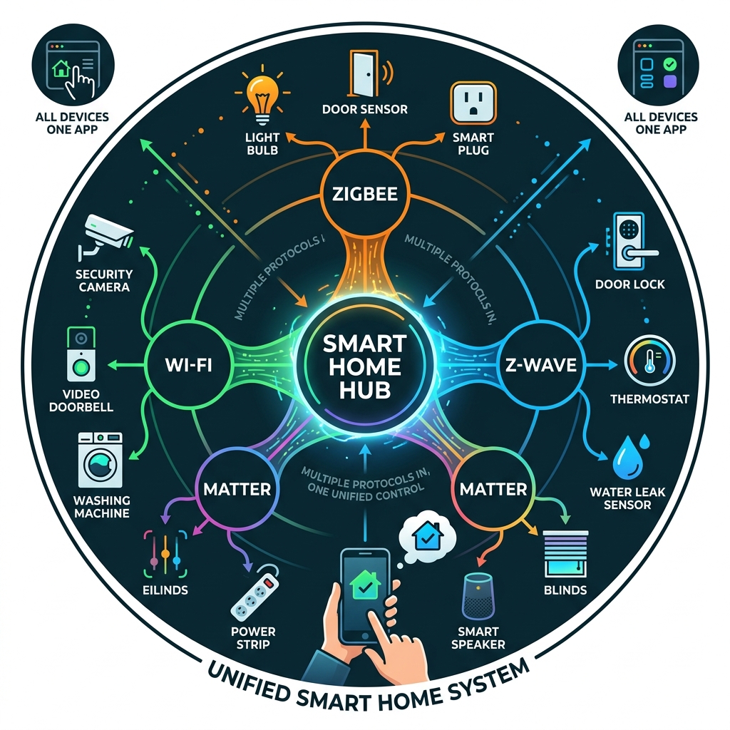 How a smart home hub connects Zigbee, Z-Wave, Matter, and Wi-Fi devices into one system - smart home hub comparison