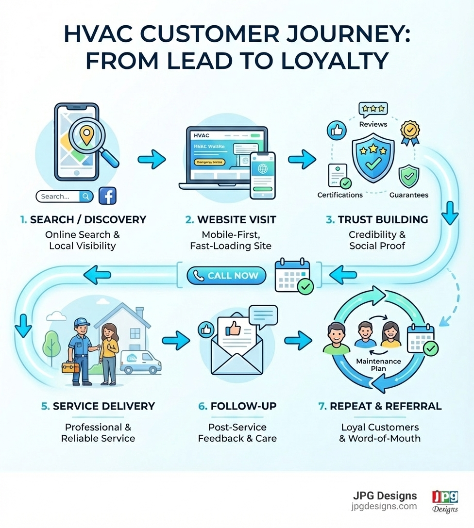 infographic showing the customer journey from website visitor to loyal HVAC customer, including stages: search/discovery, website visit, trust building through reviews and certifications, contact/booking, service delivery, follow-up, and repeat customer/referral - web design hvac infographic 