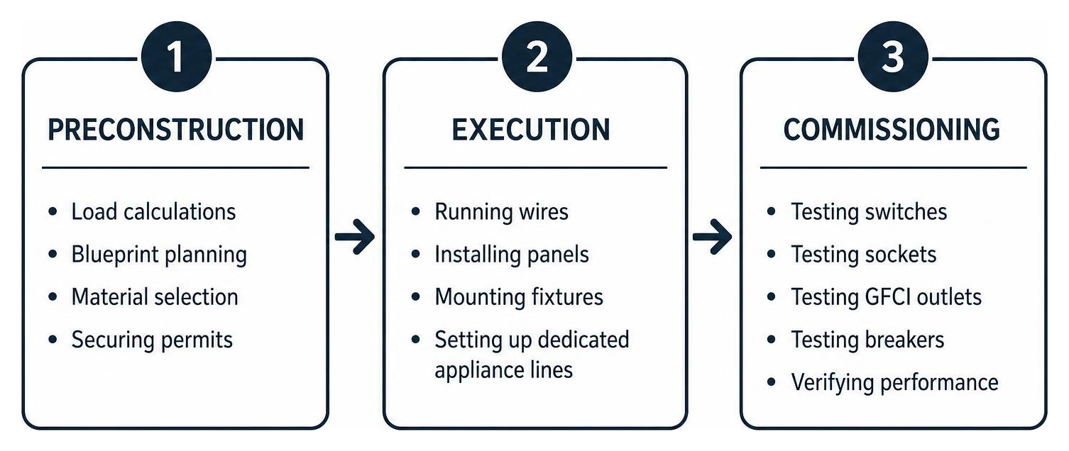 diagram showing the three phases of an electrical project: preconstruction, execution, and commissioning diagram showing the three phases of an electrical project: preconstruction, execution, and commissioning