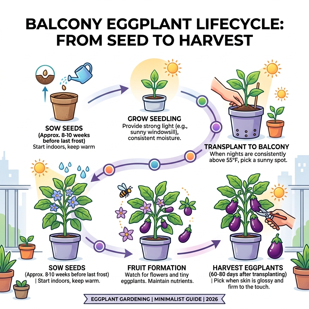 Lifecycle of a container-grown eggplant from seed to harvest on a balcony - balcony garden eggplant care infographic Lifecycle of a container-grown eggplant from seed to harvest on a balcony - balcony garden eggplant care infographic