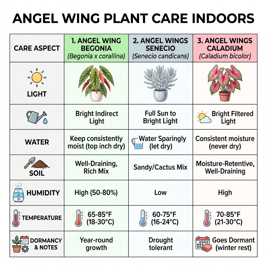 Comparison infographic: Angel Wing Begonia vs Senecio vs Caladium care differences - angel wing plant care indoors