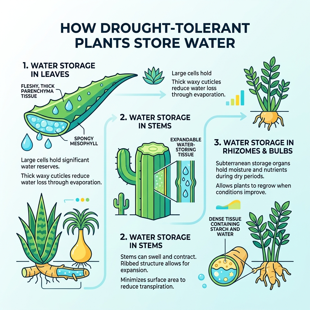 How drought-tolerant plants store water in leaves, stems, and rhizomes - drought tolerant indoor plants infographic How drought-tolerant plants store water in leaves, stems, and rhizomes - drought tolerant indoor plants infographic