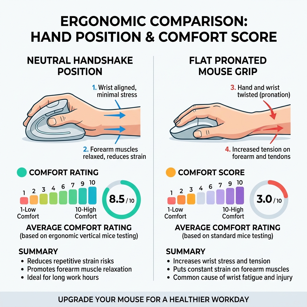 infographic showing neutral handshake position vs. flat pronated mouse grip and comfort score comparison - comfortable mouse