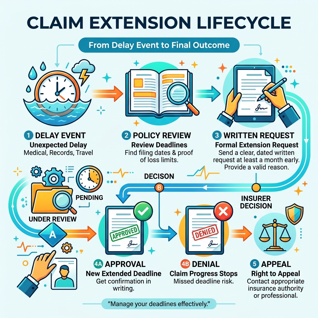 Claim extension lifecycle from delay event to written request to approval or denial - claim timeline extension guide