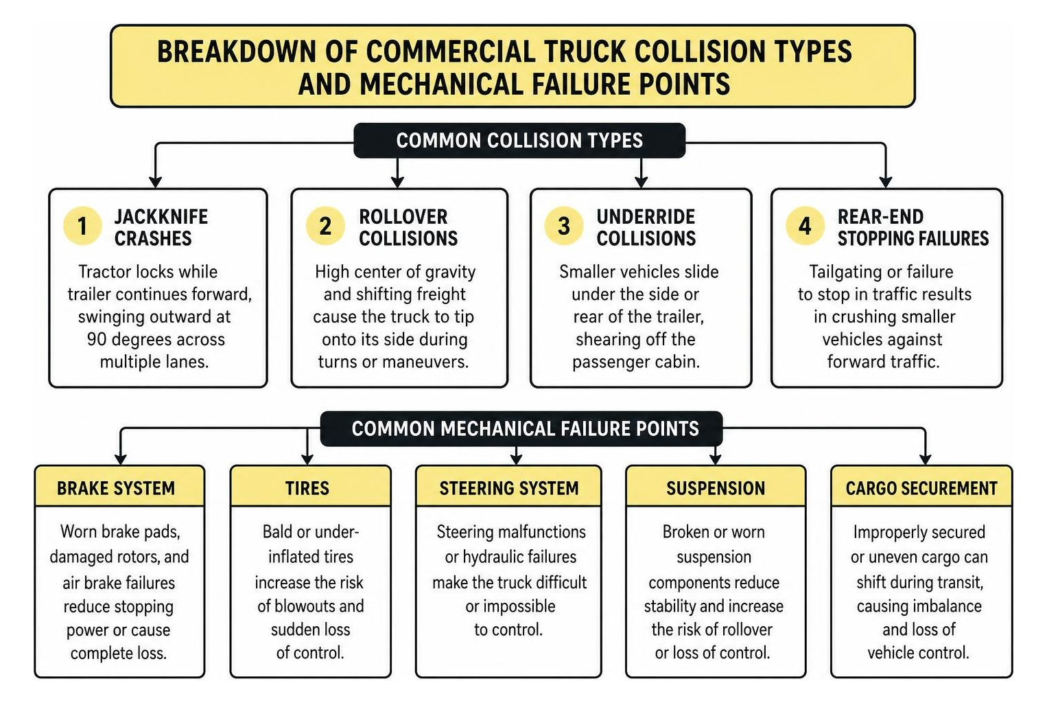 Breakdown of commercial truck collision types and mechanical failure points