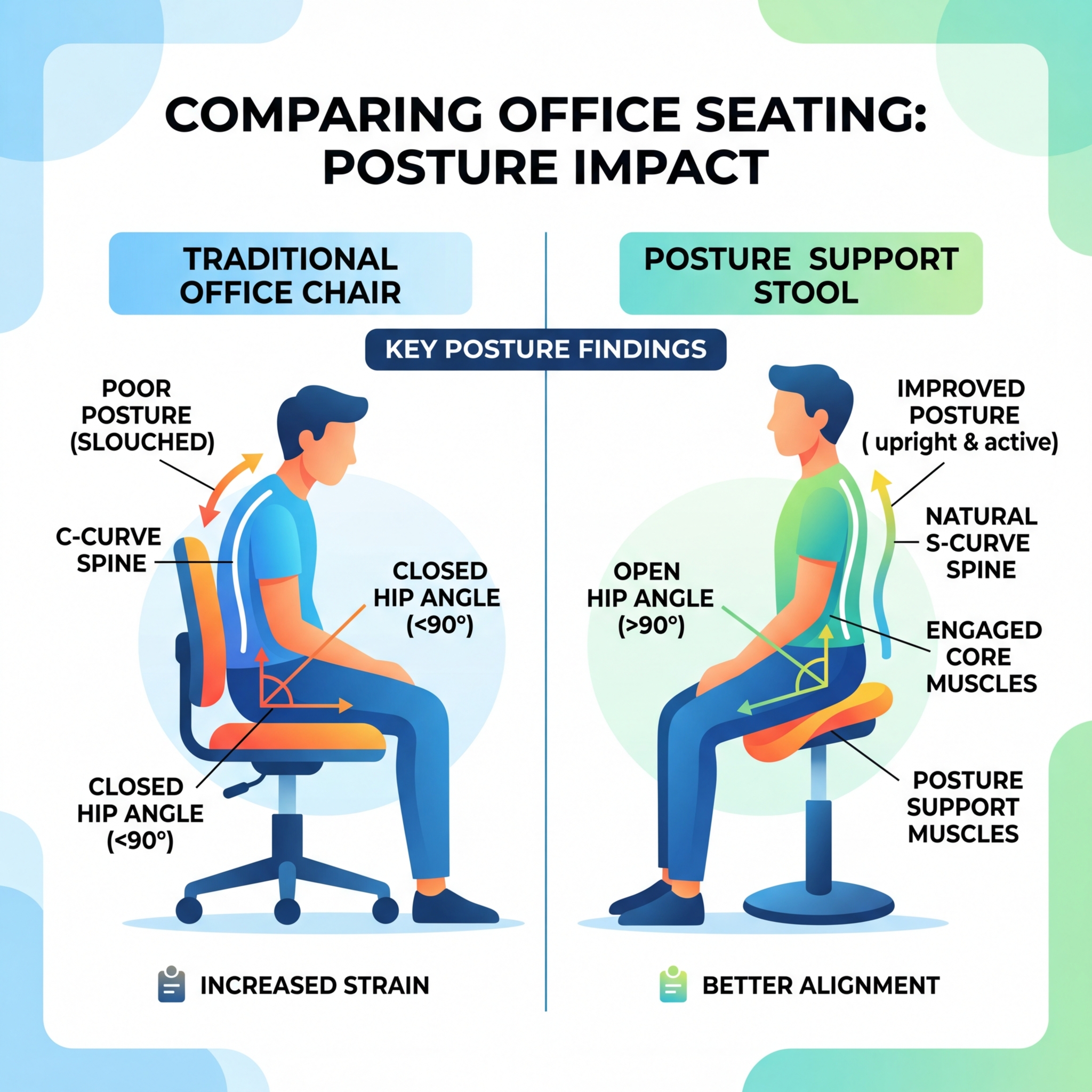 Infographic comparing traditional office chairs vs posture support stools: posture, hip angle, spine curve - best posture