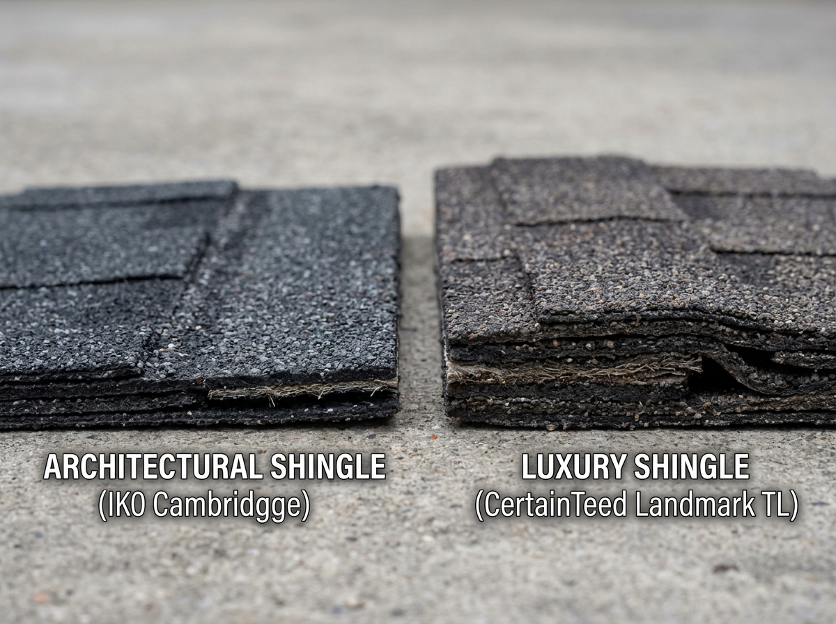 Comparison of architectural vs luxury asphalt shingles showing thickness and texture - Asphalt shingle roof cost Comparison of architectural vs luxury asphalt shingles showing thickness and texture - Asphalt shingle roof cost