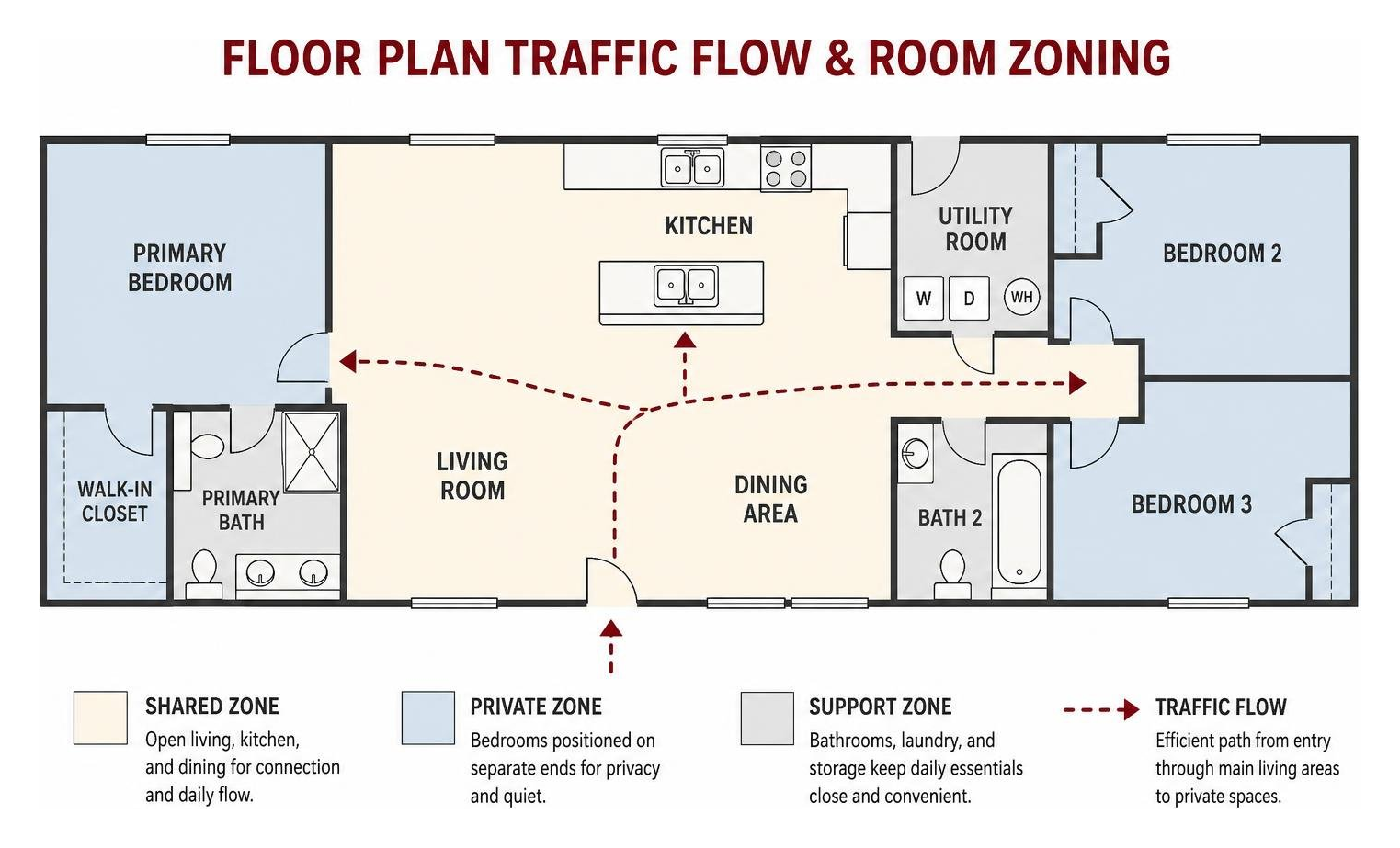 Diagram showing floor plan traffic flow and room zoning