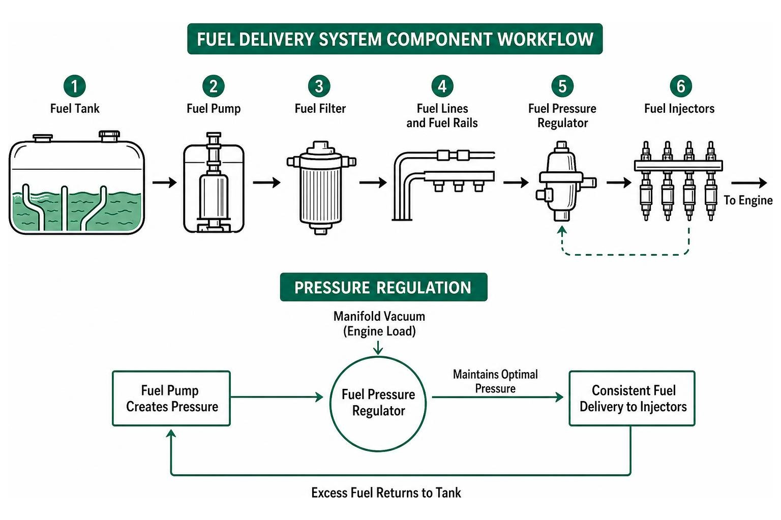 Fuel delivery system component workflow and pressure regulation Fuel delivery system component workflow and pressure regulation